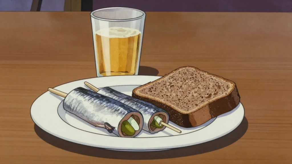 Rollmops, pickled herring fillet rolled around gherkin and onion, pinned with a, Germany fermented & pickled, anime style