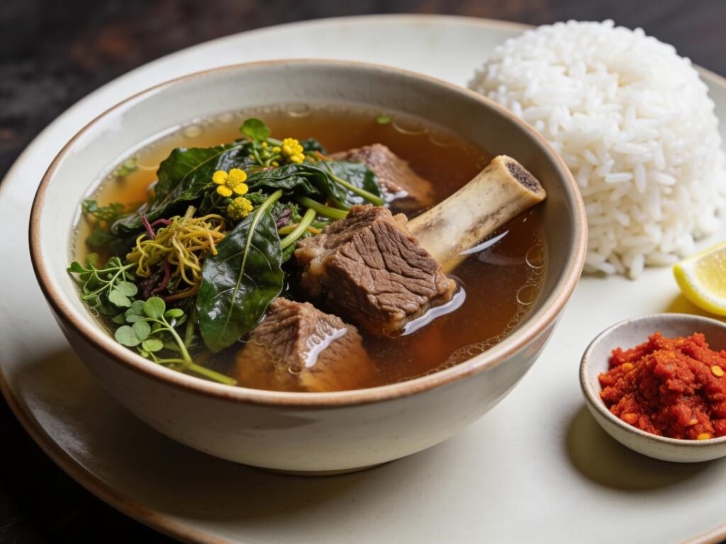 Romazava, zebu beef and tongue-tingling anamalao greens broth; national dish, Madagascar soup & stew