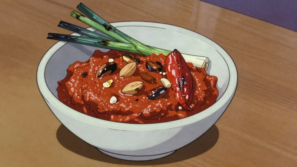 Romesco, tarragona sauce of nyora peppers, almonds, tomato and fried bread, Spain sauce & condiment, anime style