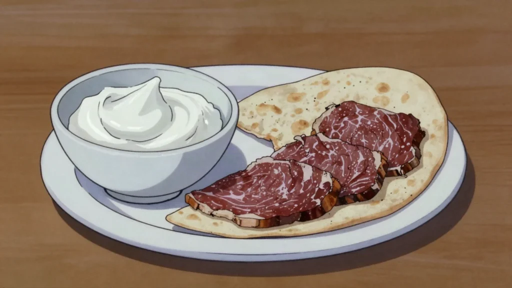 Rømme, very thick cultured sour cream, cooked into porridge or spread on flatbread, Norway cheese & dairy, anime style