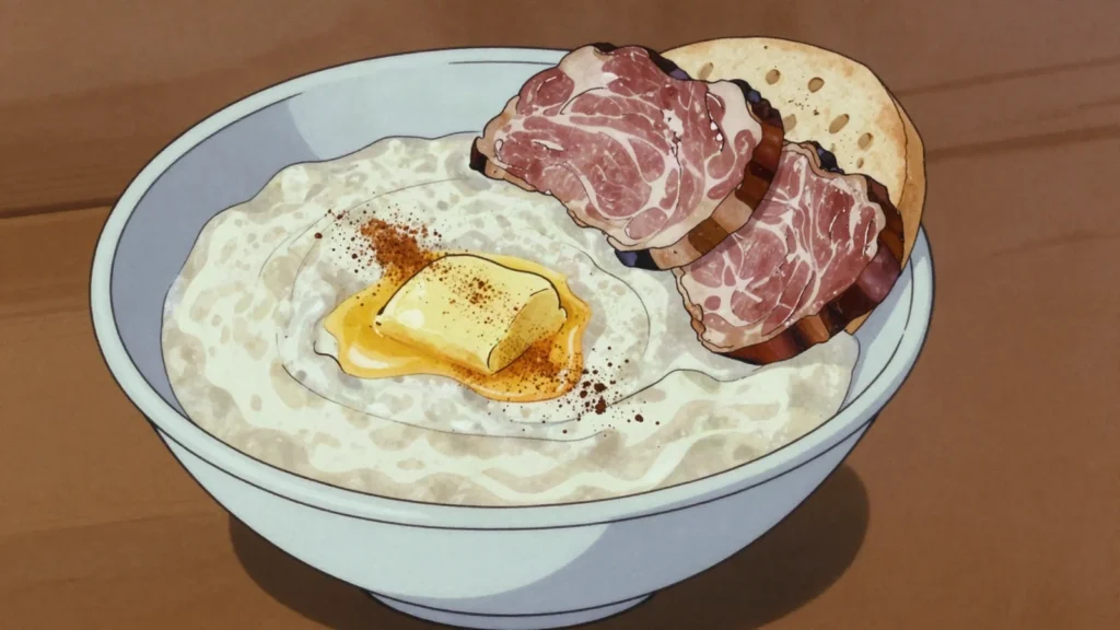 Rømmegrøt, sour cream porridge with butter pooling on top, cinnamon and sugar, Norway dessert, anime style
