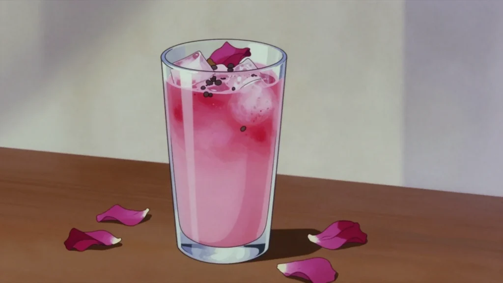 Rooh Afza, rose and herb syrup stirred into milk or water, the standard iftar cooler, Pakistan drink, anime style