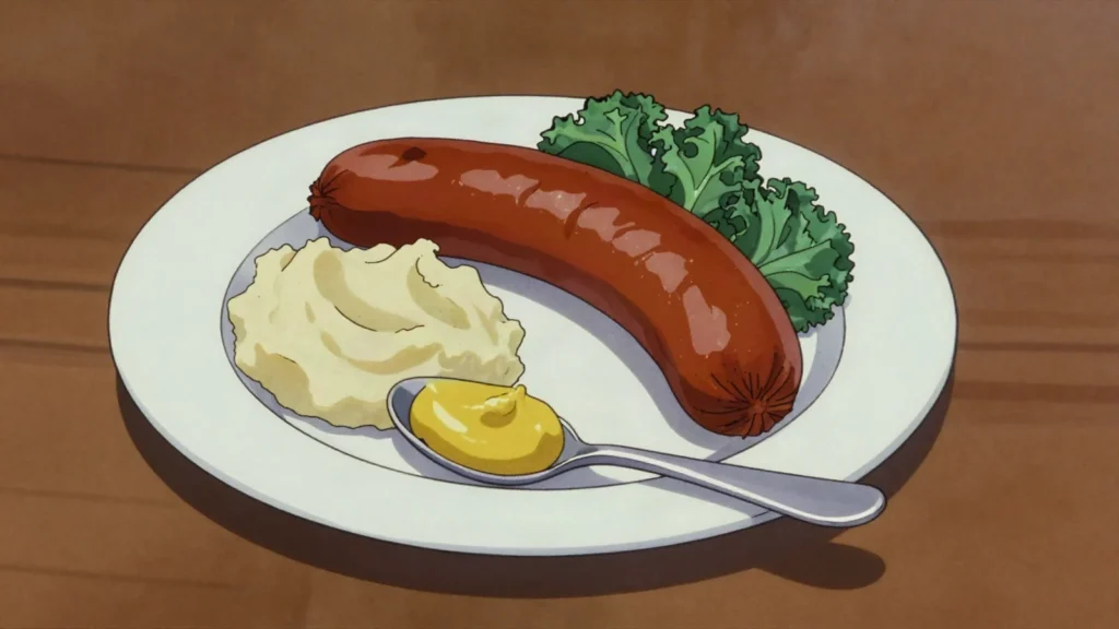 Rookworst, smoked pork sausage steamed and served on top of stamppot, Netherlands charcuterie & cured, anime style