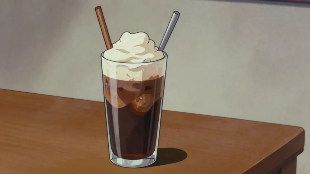 Root beer float, vanilla ice cream floating in frosty root beer, United States drink, anime style