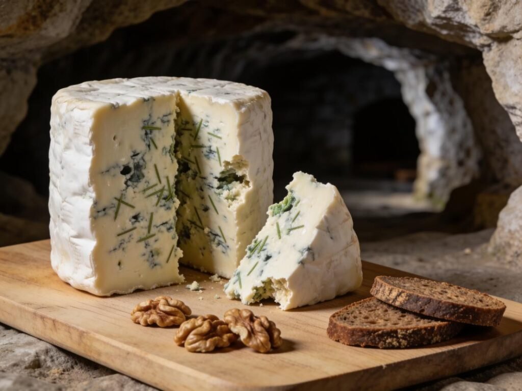 Roquefort, sharp blue ewe's milk cheese ripened in limestone caves, eaten with walnuts, France cheese & dairy