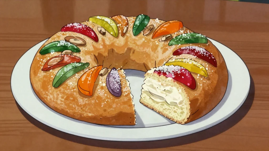 Roscon de Reyes, orange-scented ring loaf topped with candied fruit, hiding a bean and a, Spain bread & pastry, anime style