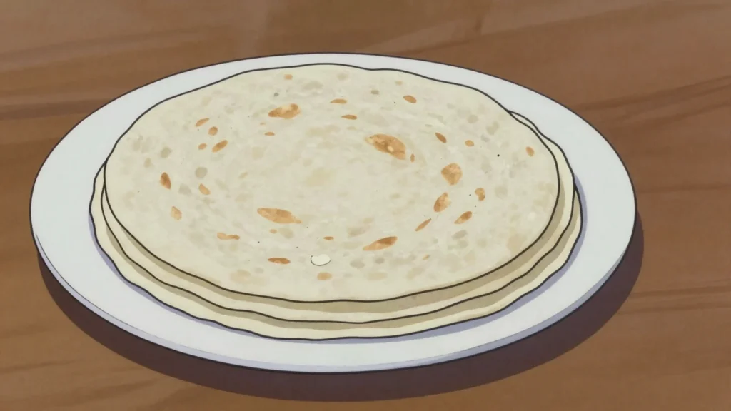 Roshi, thin griddled flatbread eaten with nearly every meal, Maldives bread & pastry, anime style