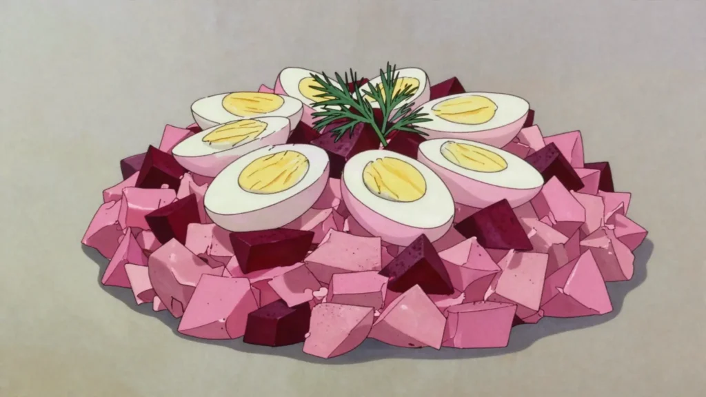 Rosolje, rosy beet, herring, and potato salad, Estonia salad & side, anime style