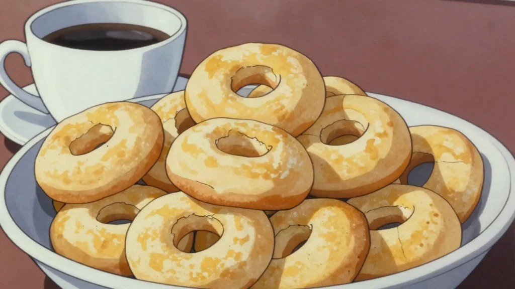 Rosquillas, baked corn-and-cheese rings dunked in coffee, Honduras snack, anime style