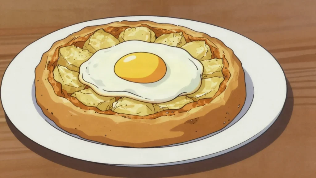 Rösti, golden fried cake of grated potatoes, Switzerland salad & side, anime style