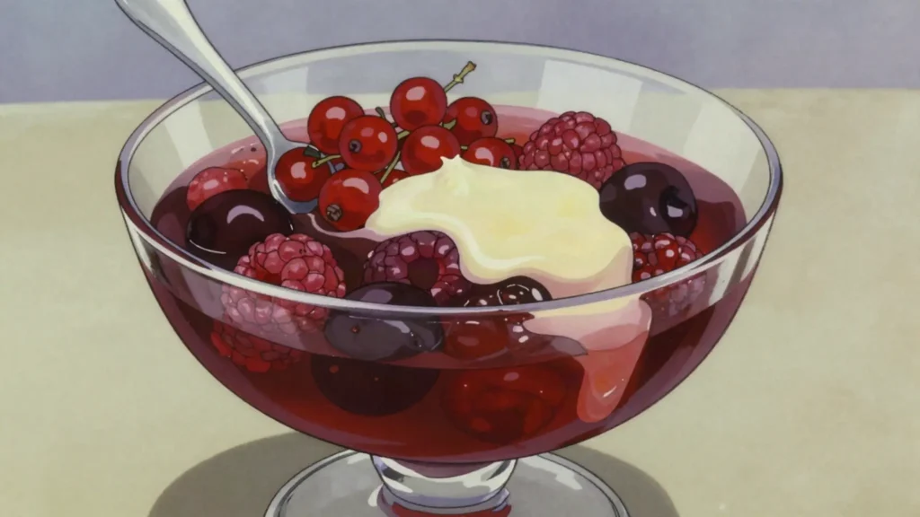 Rote Grütze, red-berry compote pudding with vanilla sauce or cream, Germany dessert, anime style