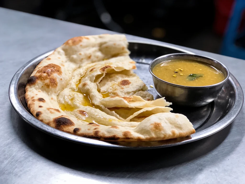 Roti Canai, flaky flipped flatbread dipped in dhal or curry, mamak staple, Malaysia breakfast, anime style