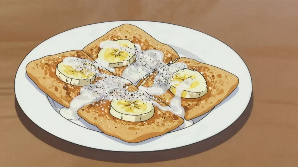 Roti Gluay, thin dough stretched, fried in margarine with banana and egg, drizzled with, Thailand street food, anime style