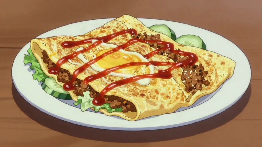Roti John, split baguette fried with minced meat and egg, sauced with chilli and, Malaysia street food, anime style