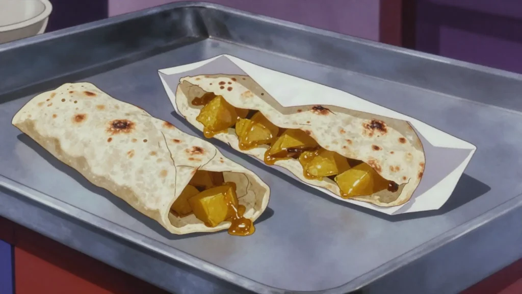 Roti Parcel, soft roti wrapped around curry, the everyday Fijian lunch, Fiji street food, anime style