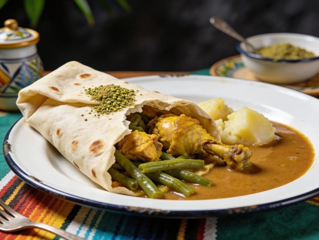 Roti, flatbread with curried chicken, potato and yardlong beans, Hindustani staple, Suriname main