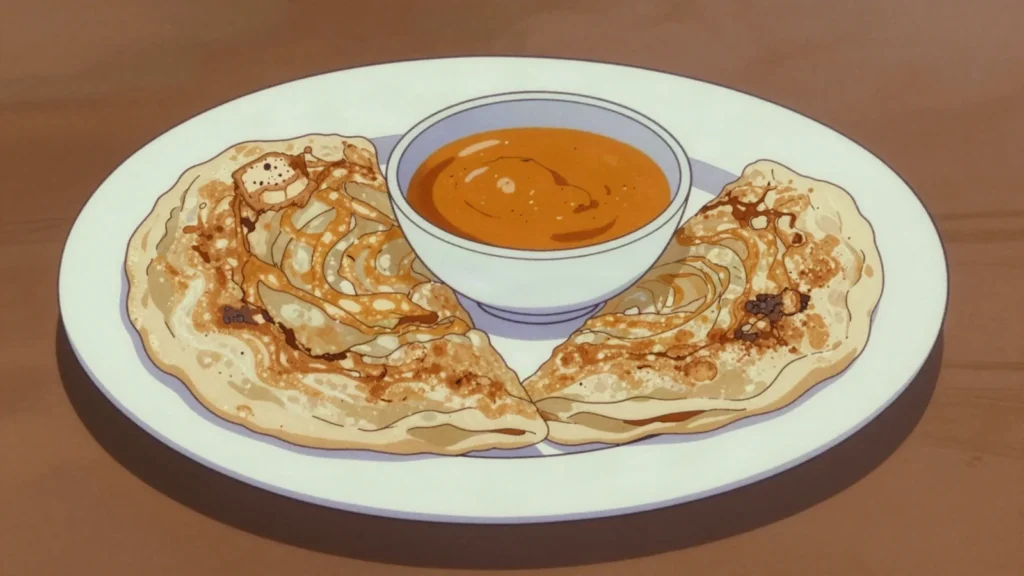 Roti Prata, crispy-flaky griddled flatbread served with fish curry, Singapore breakfast, anime style