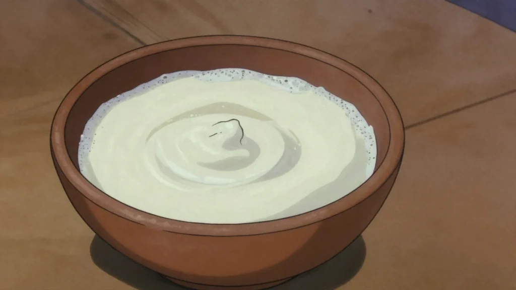 Roub, soured churned milk, drunk cold or cooked into stews and porridges, Sudan cheese & dairy, anime style
