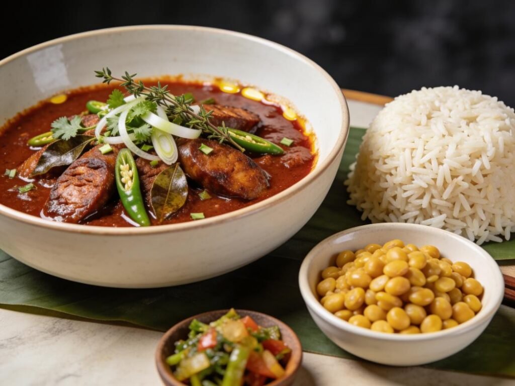 Rougaille, creole tomato, onion and thyme sauce with sausage, fish or prawns, Mauritius main