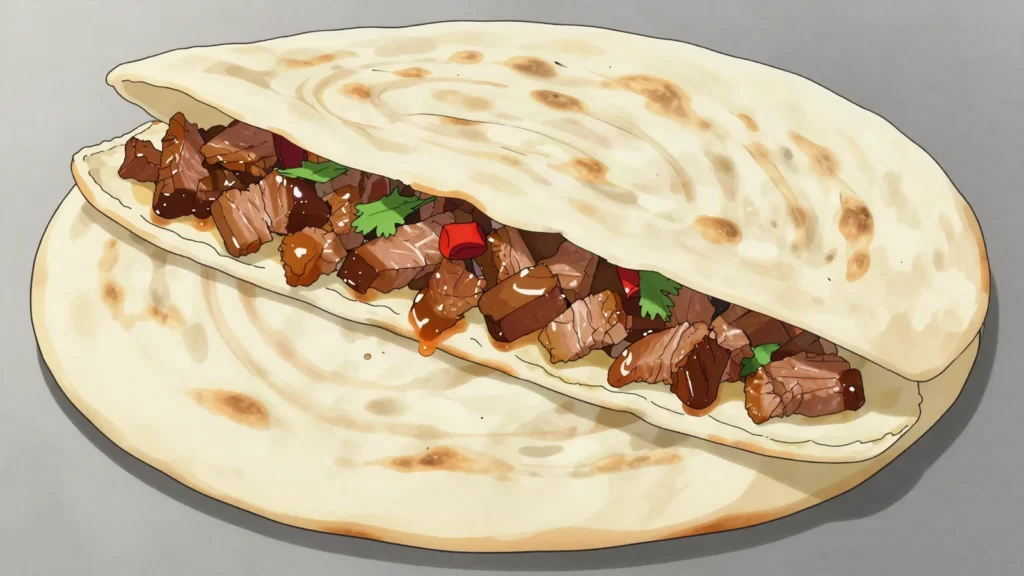 Roujiamo, shaanxi griddled flatbread stuffed with slow-braised chopped pork, called China's, China street food, anime style
