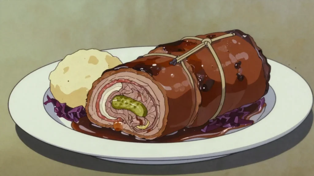 Rouladen, beef rolls around bacon, onions, pickles, braised in gravy, Germany main, anime style