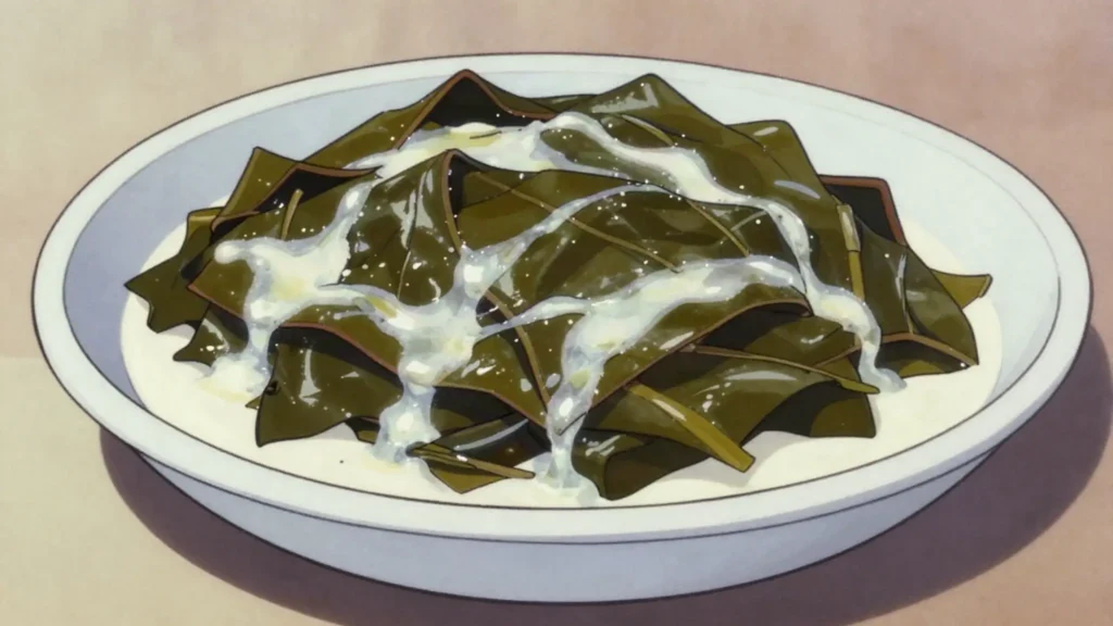 Rourou, taro leaves simmered in coconut milk until silky, Fiji salad & side, anime style