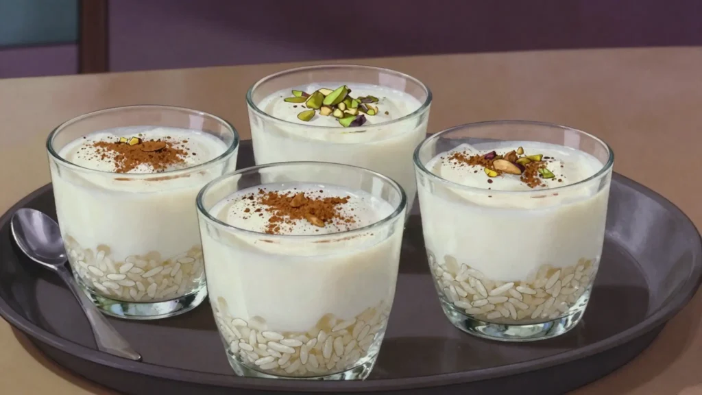 Roz bel laban, chilled creamy rice pudding scented with vanilla or mastic, Egypt dessert, anime style