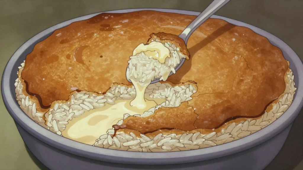Roz mo'ammar, rice baked slowly in milk, cream and butter until a golden crust forms, Egypt main, anime style