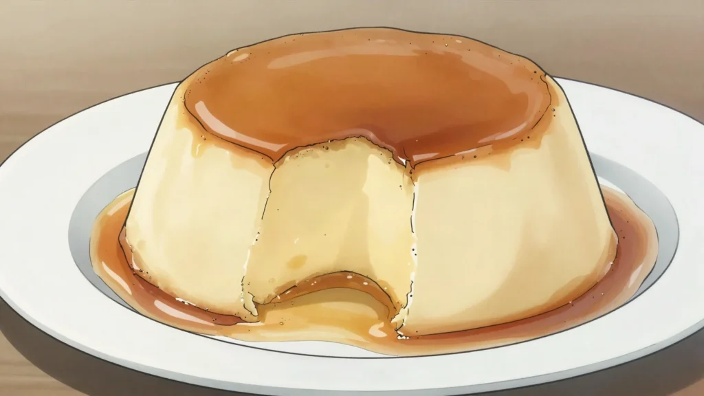 Rožata, dubrovnik crème caramel perfumed with rose liqueur, Croatia dessert, anime style