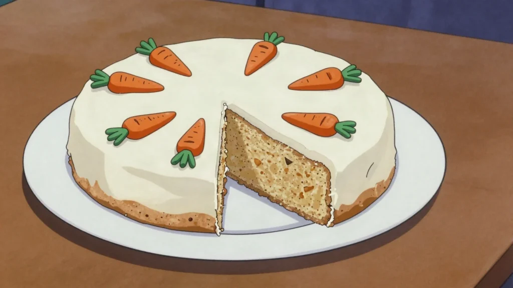 Rüeblitorte, moist carrot and almond cake topped with a marzipan carrot, Switzerland dessert, anime style