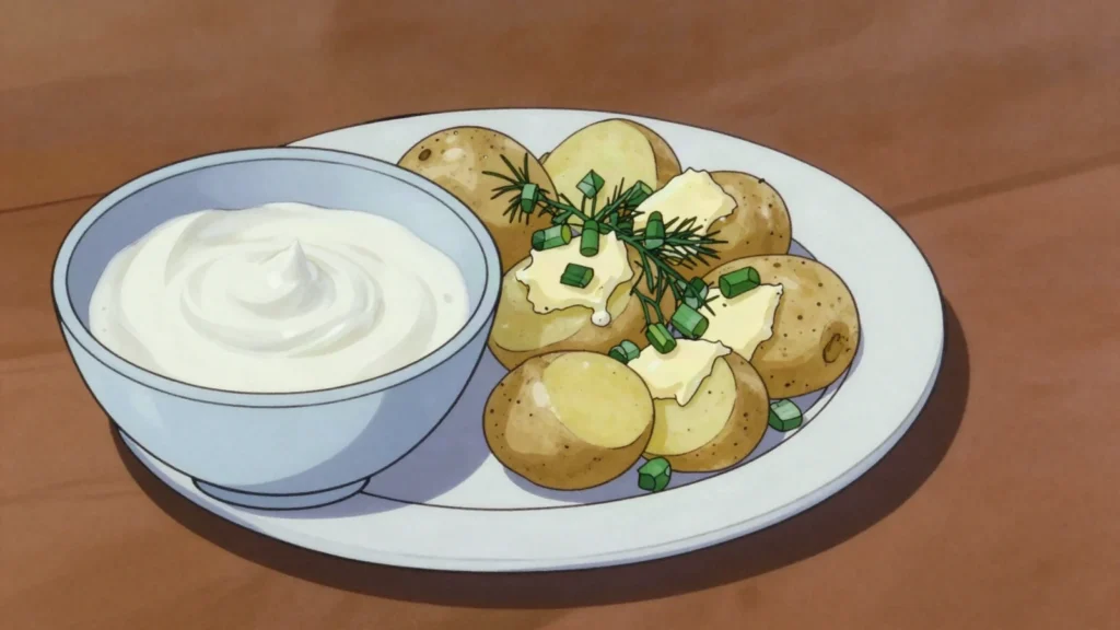 Rūgpienis, naturally soured milk poured over hot boiled potatoes in summer, Lithuania cheese & dairy, anime style