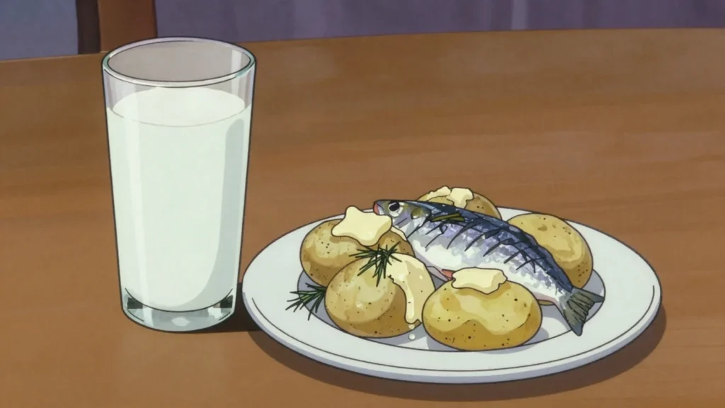 Rūgušpiens, naturally soured milk drunk cold with boiled potatoes and herring, Latvia cheese & dairy, anime style