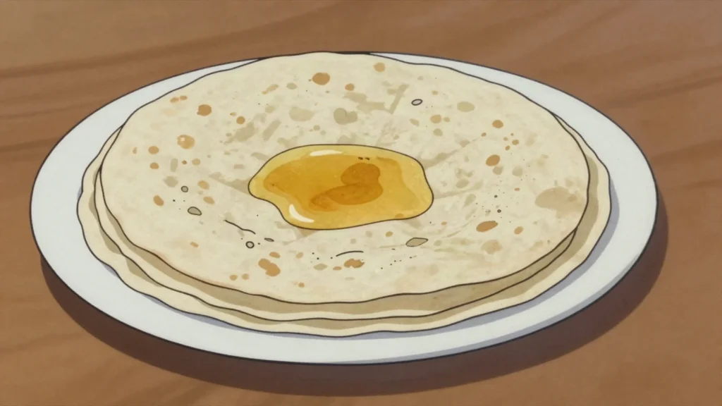 Rukhal bread, tissue-thin crisp bread eaten with honey or curry, Oman bread & pastry, anime style