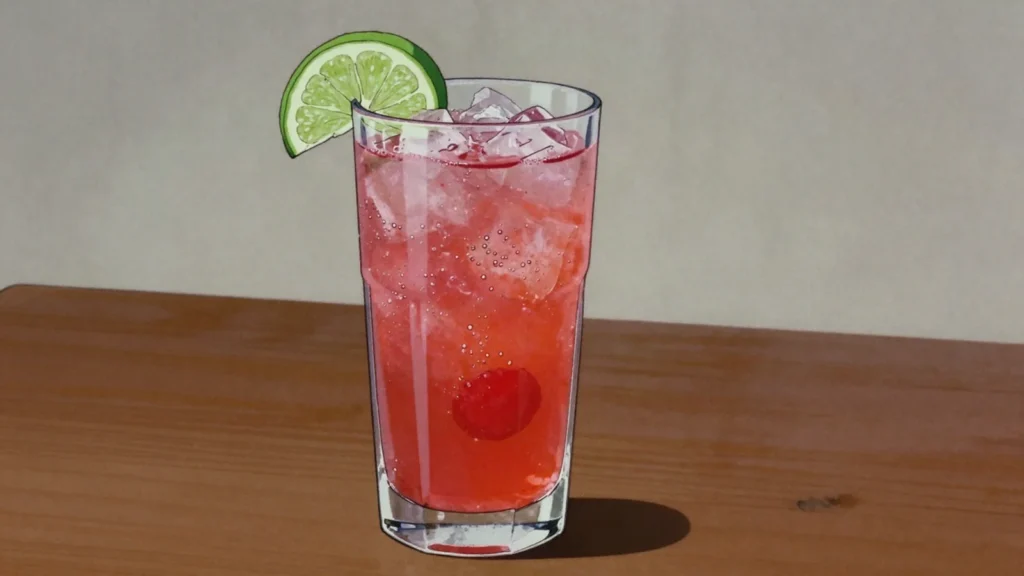 Rum and Raspberry, tipo Tinto rum topped with raspberry Sparletta soda over ice, Mozambique cocktail, anime style