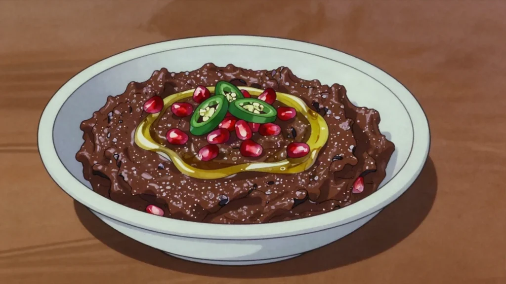 Rummaniyya, gazan lentils and eggplant soured with pomegranate, Palestine soup & stew, anime style