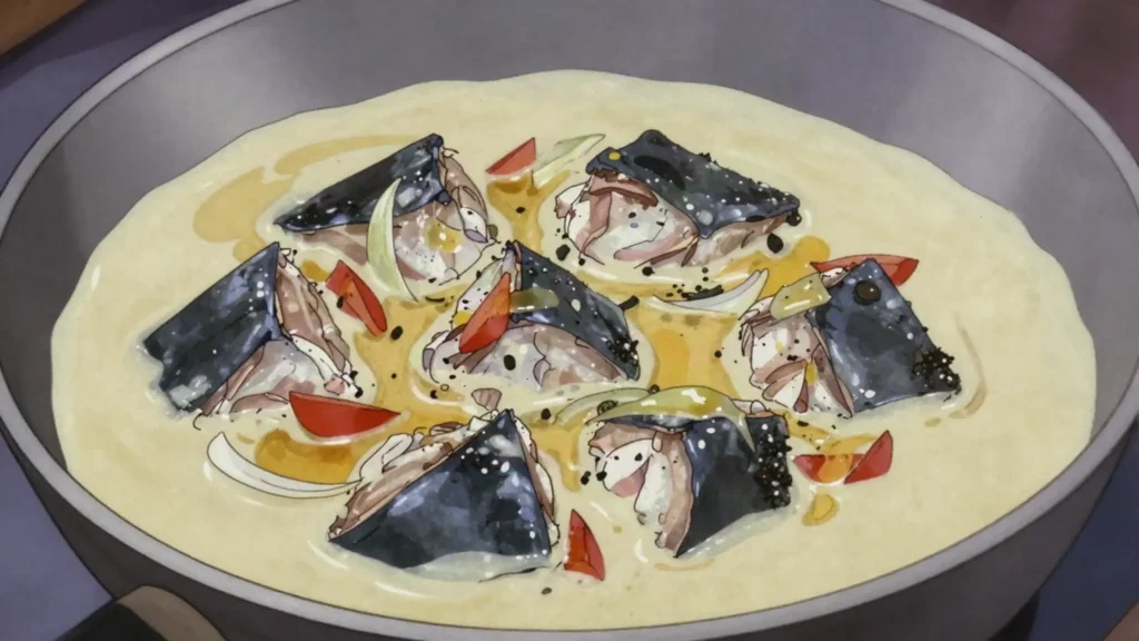 Rundown, mackerel simmered in reduced spiced coconut milk, Jamaica main, anime style