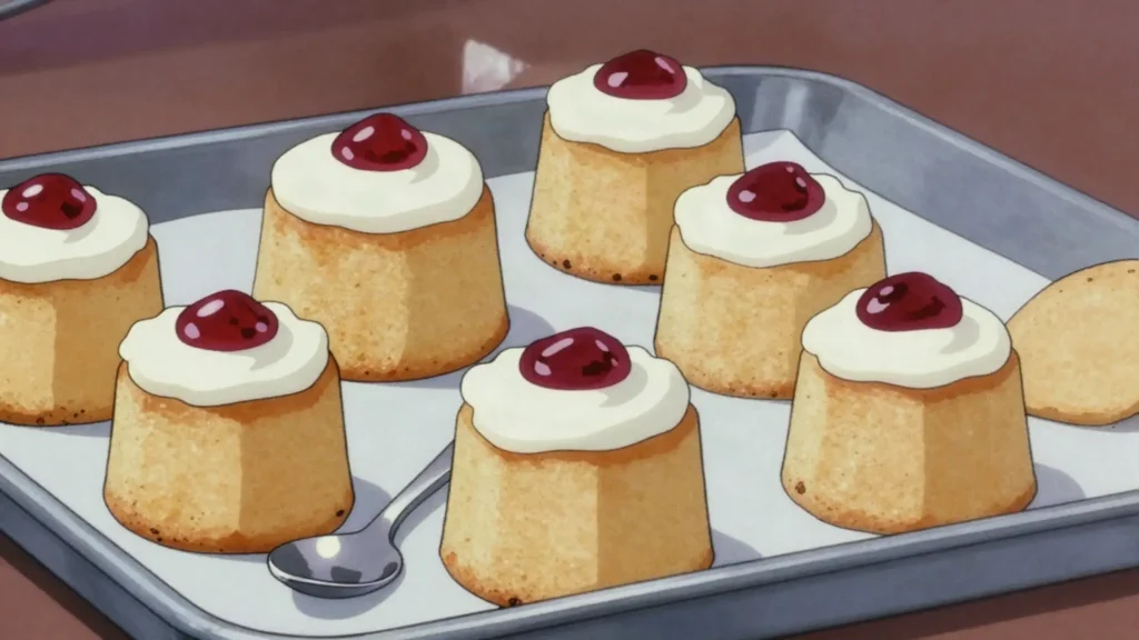 Runeberg torte, almond and rum cylinder cake topped with raspberry jam and icing, Finland dessert, anime style