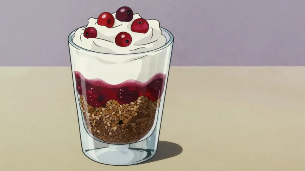 Rupjmaizes kārtojums, layers of toasted rye crumbs, cranberry jam and whipped cream in a glass, Latvia dessert, anime style