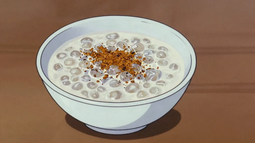 Saagu Bondibai, sago pudding with coconut milk, cardamom and rose water, Maldives dessert, anime style