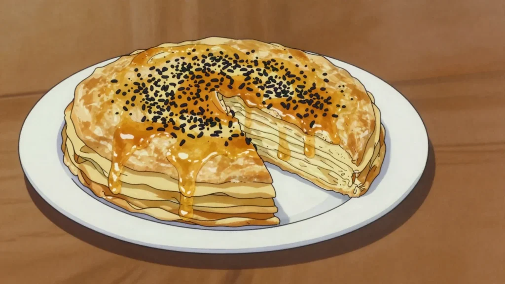 Sabaya, layered pastry sheets baked with cream and drenched in honey, Yemen dessert, anime style