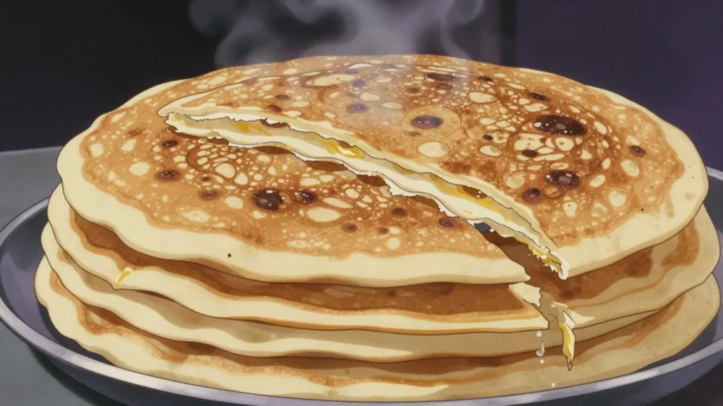 Sabayad, flaky layered griddle flatbread served sweet or savory, Djibouti bread & pastry, anime style