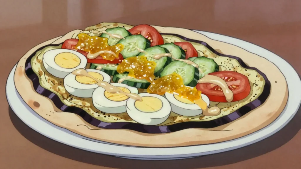 Sabich, pita of fried eggplant, egg and amba; Iraqi-Jewish Shabbat legacy, Israel street food, anime style