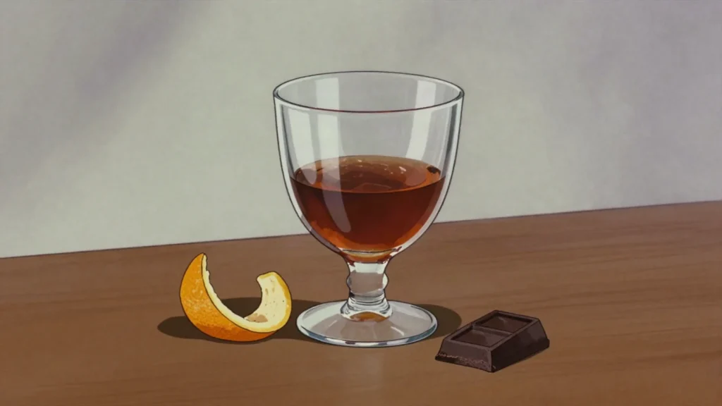 Sabra liqueur, dark liqueur of bitter orange and chocolate, drunk neat or over ice, Israel wine & spirit, anime style