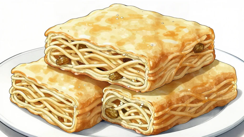 Sachima, fried dough strands bound with sugar syrup into a soft, chewy slab, China bread & pastry, anime style