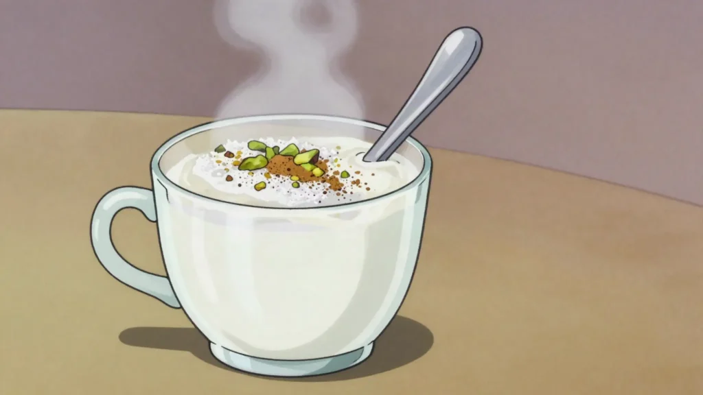 Sachlav, hot sweet milk pudding-drink topped with coconut, cinnamon and nuts, Israel drink, anime style