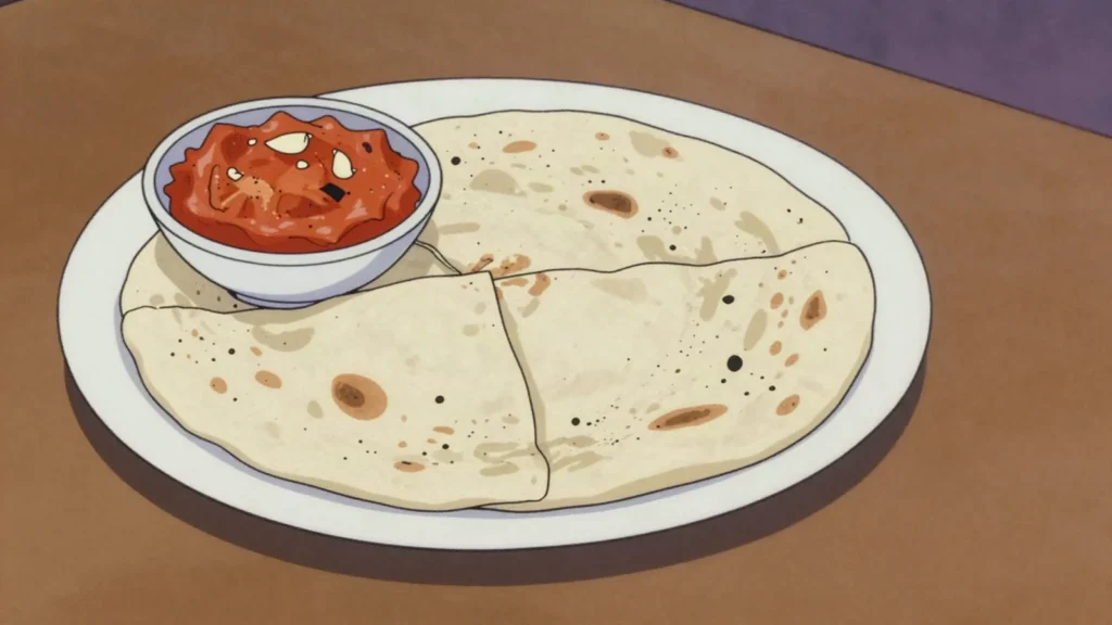 Sada roti and choka, soft roti with roasted tomato or eggplant choka, Trinidad and Tobago breakfast, anime style