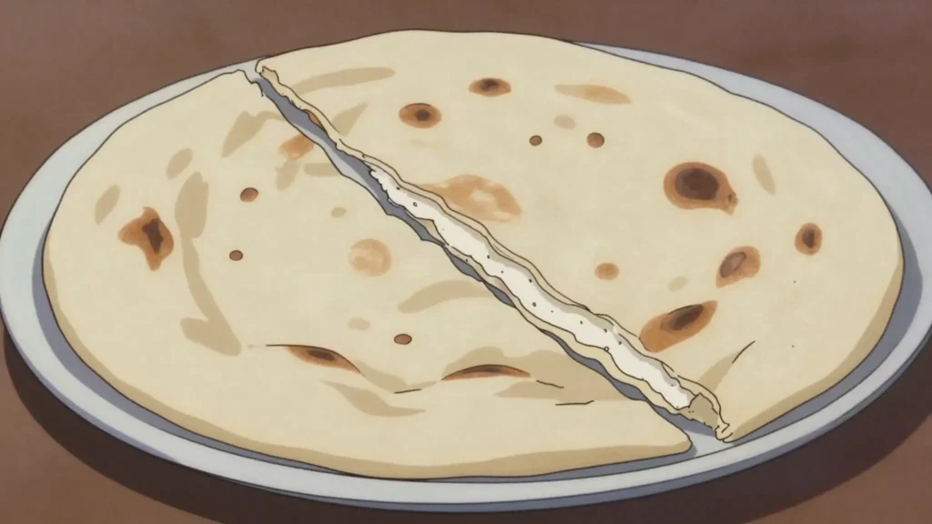 Sada roti, plain thick griddle flatbread torn and eaten with curries or fried fish, Guyana bread & pastry, anime style