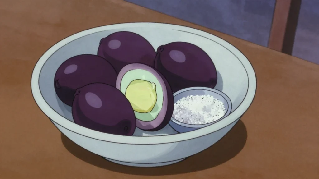 Safú, boiled butterfruit eaten warm with salt, São Tomé and Príncipe snack, anime style