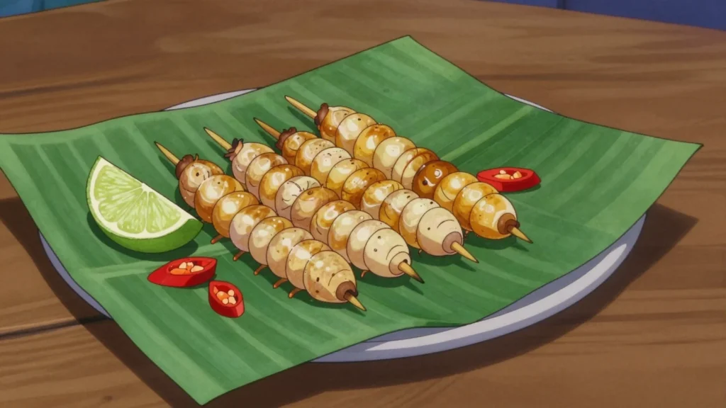 Sago Grubs, fat palm-weevil larvae from felled sago logs, eaten raw or roasted in leaves, Papua New Guinea snack, anime style