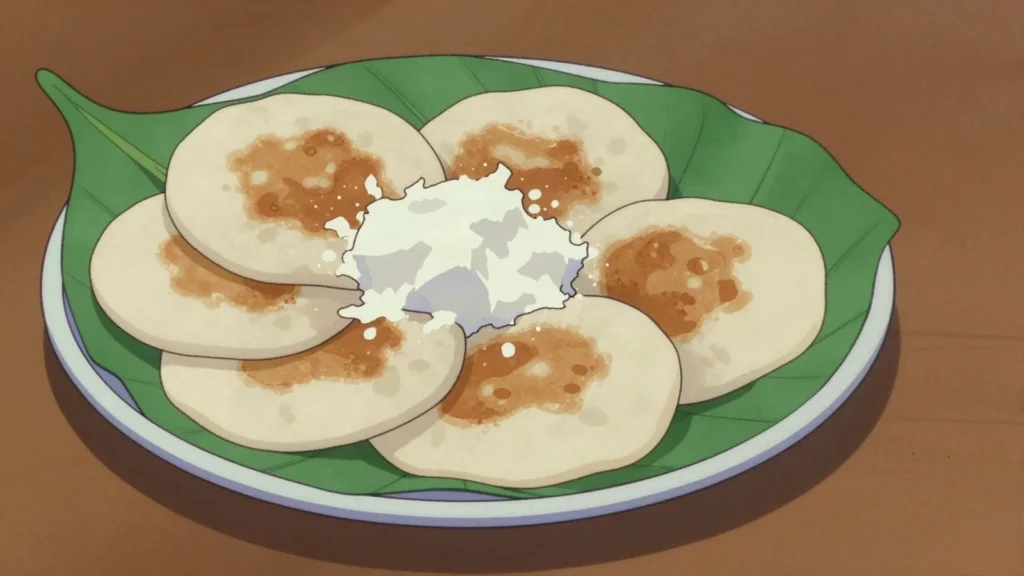 Sago Pancake, griddled starch cakes from sago palm pith, Sepik River staple, Papua New Guinea bread & pastry, anime style